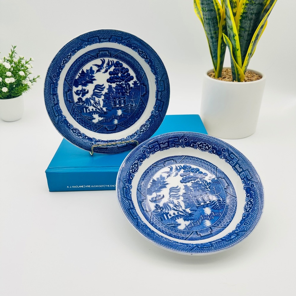 Vintage Bakewell Bros Blue Willow Shallow Bowls Stoke on Trent England Set of 2
